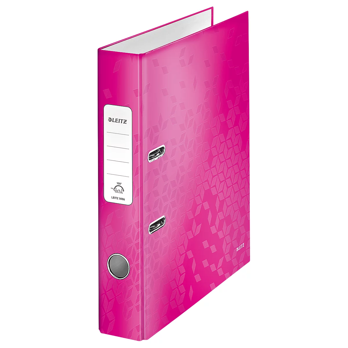 A pink file folder with a floral pattern and Leitz logo, detail view.