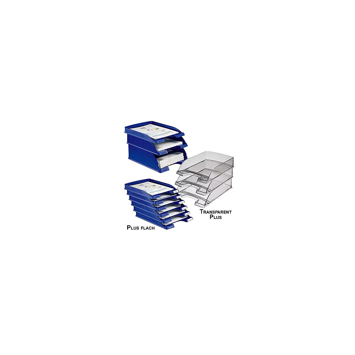 Blaue und transparente Ablageschalen mit Papieren. Text: PLUS FLACH, TRANSPARENT PLUS.