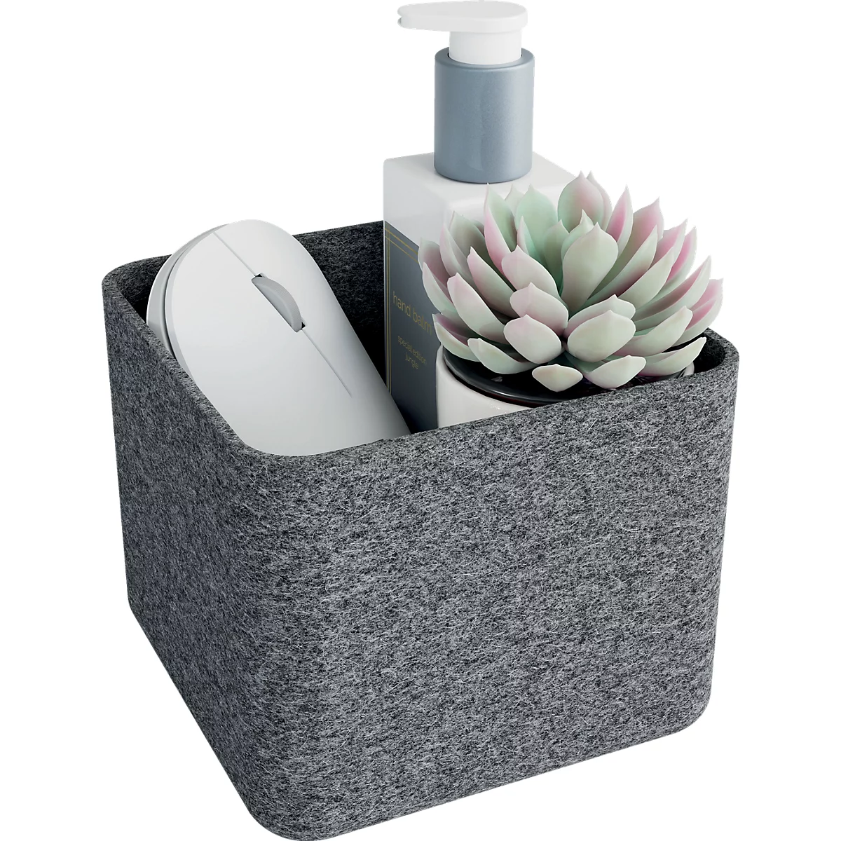 Grijze vilt-organizer gevuld met computermuis, handzeepdispenser en een kleine vetplant.