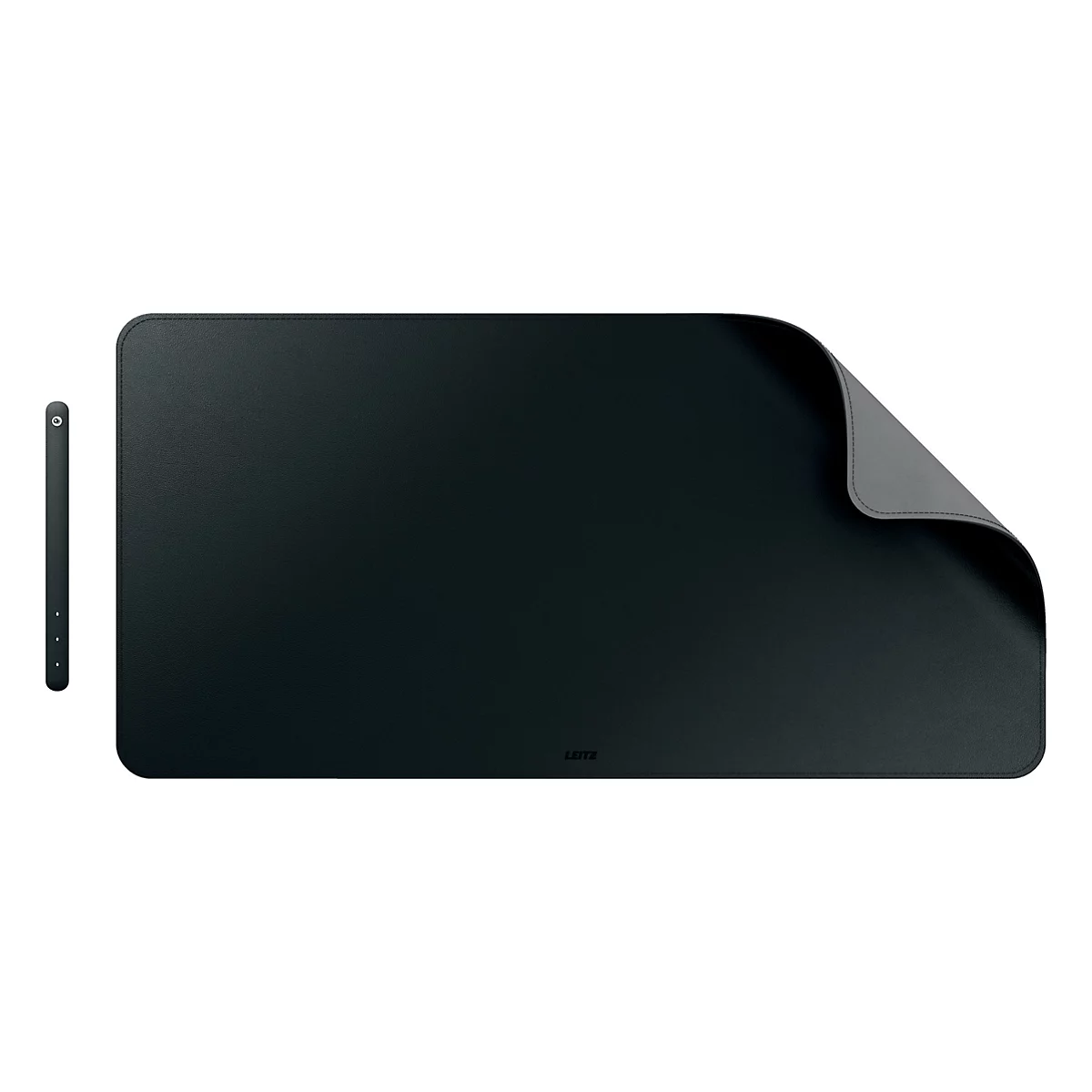 Zwarte bureauonderlegger met afgeronde hoeken en een grijze onderkant. Daarnaast een smal, zwart element met knoppen.