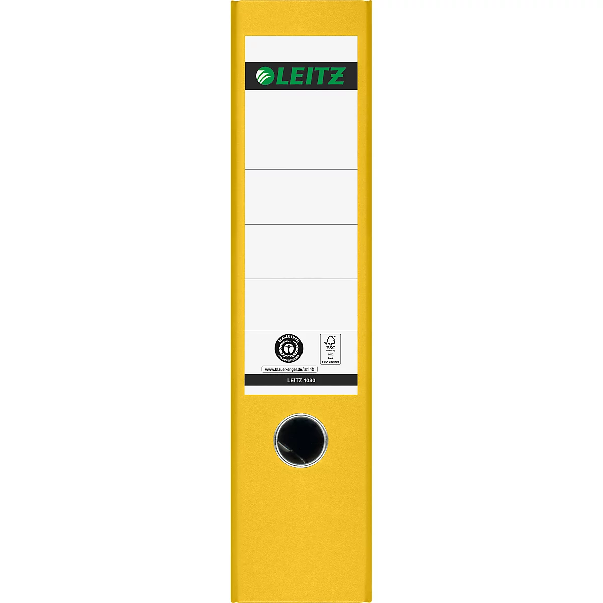 LEITZ® Carpeta 1080, DIN A4, ancho de lomo 80 mm, agujero de agarre, etiqueta de lomo pegada, cartón duro, 1 unidad, amarillo