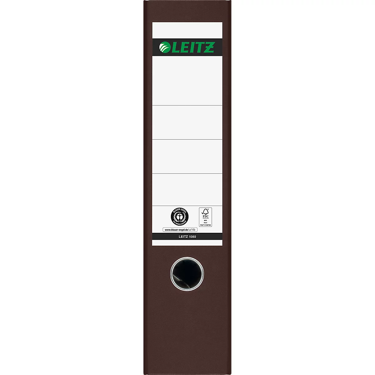 LEITZ® Carpeta 1080, DIN A4, ancho de lomo 80 mm, agujero de agarre, etiqueta de lomo pegada, cartón duro, 20 unidades, marrón