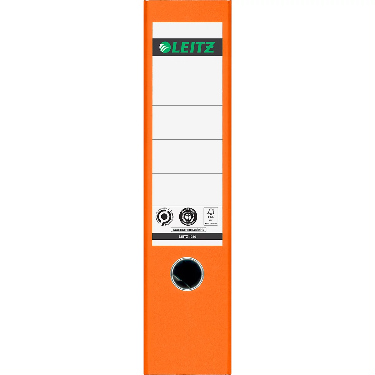LEITZ® Carpeta 1080, DIN A4, ancho de lomo 80 mm, agujero de agarre, etiqueta de lomo pegada, cartón duro, 20 unidades, naranja