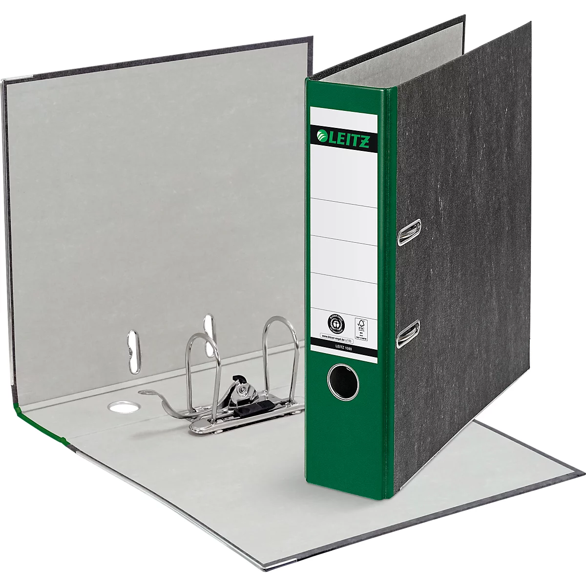 LEITZ® Carpeta 1080, DIN A4, ancho de lomo 80 mm, agujero de agarre, etiqueta de lomo pegada, cartón duro, 20 unidades, verde