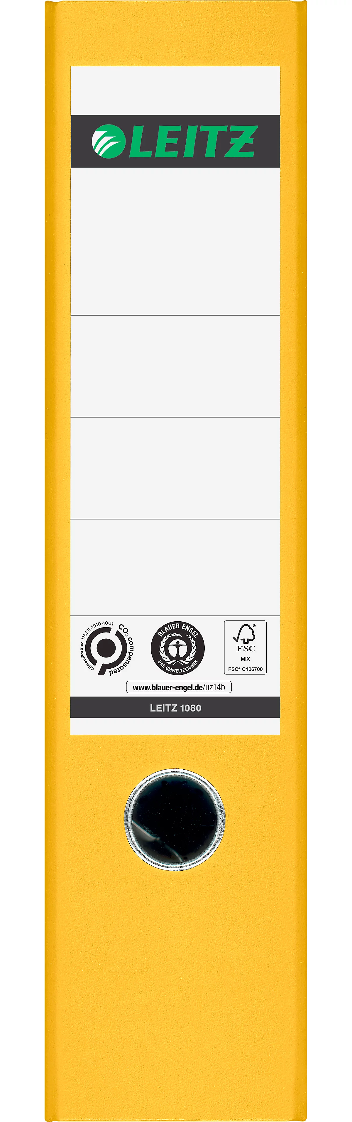 LEITZ® Carpeta 1080, DIN A4, ancho de lomo 80 mm, agujero para los dedos, etiqueta pegada en el lomo, clima neutro, cartón duro, 1 unidad, amarillo