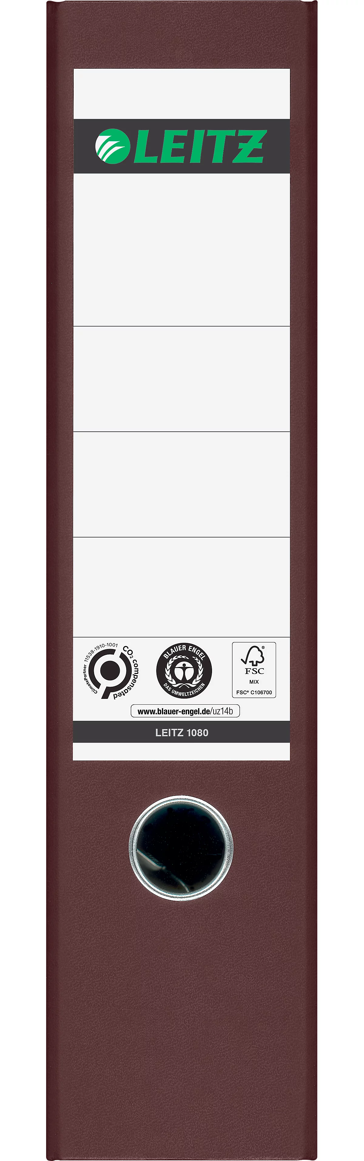 LEITZ® Carpeta 1080, DIN A4, ancho de lomo 80 mm, agujero para los dedos, etiqueta pegada en el lomo, clima neutro, cartón duro, 20 unidades, marrón