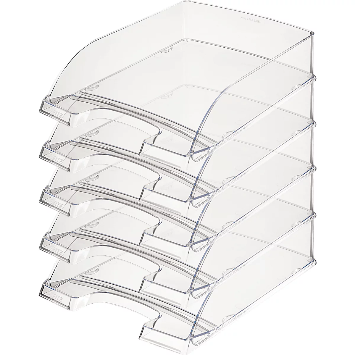 Bandejas de cartas transparentes apiladas. Cada bandeja tiene una parte delantera curvada y una forma rectangular.