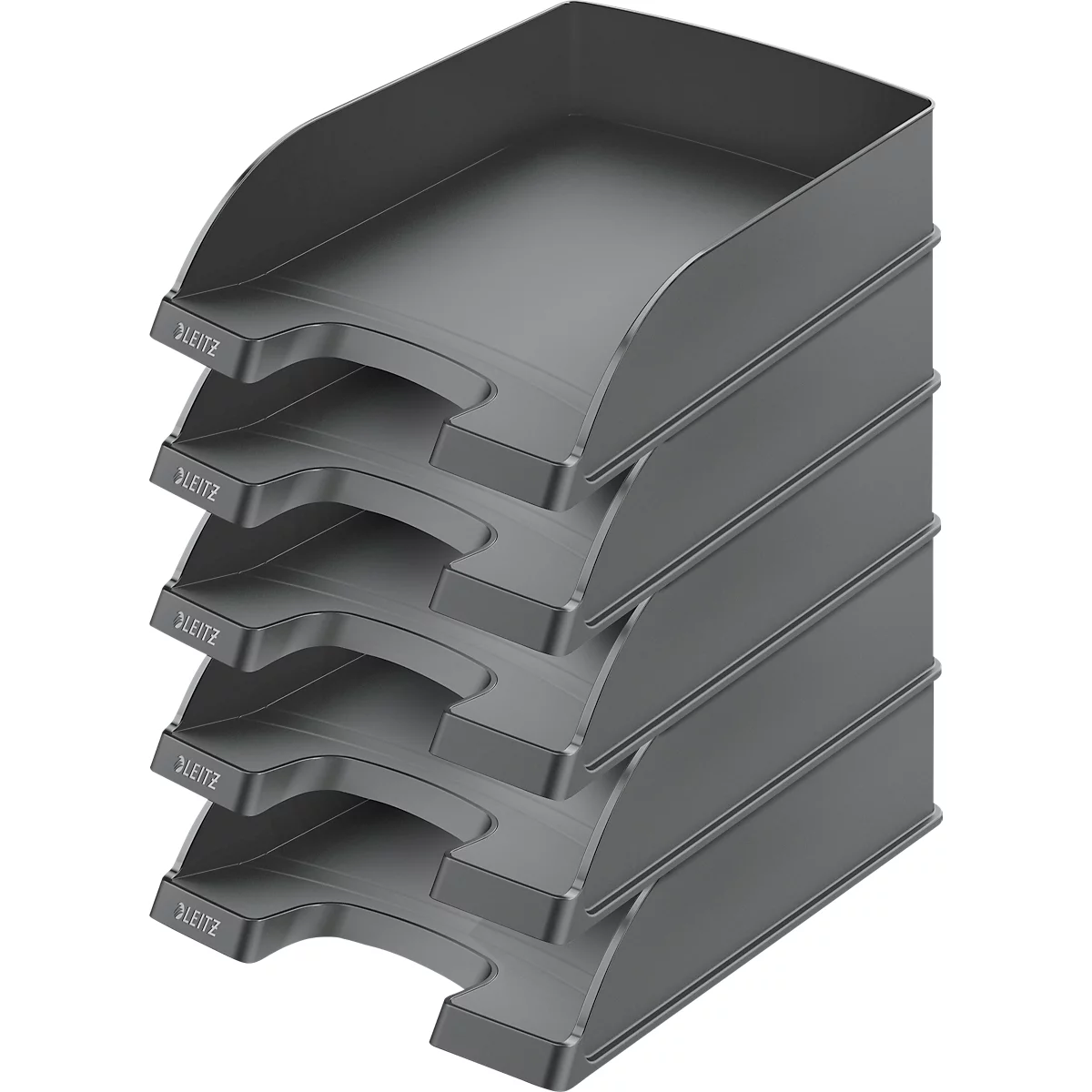 Bandejas de cartas grises apiladas. La palabra "LEITZ" está en cada bandeja.