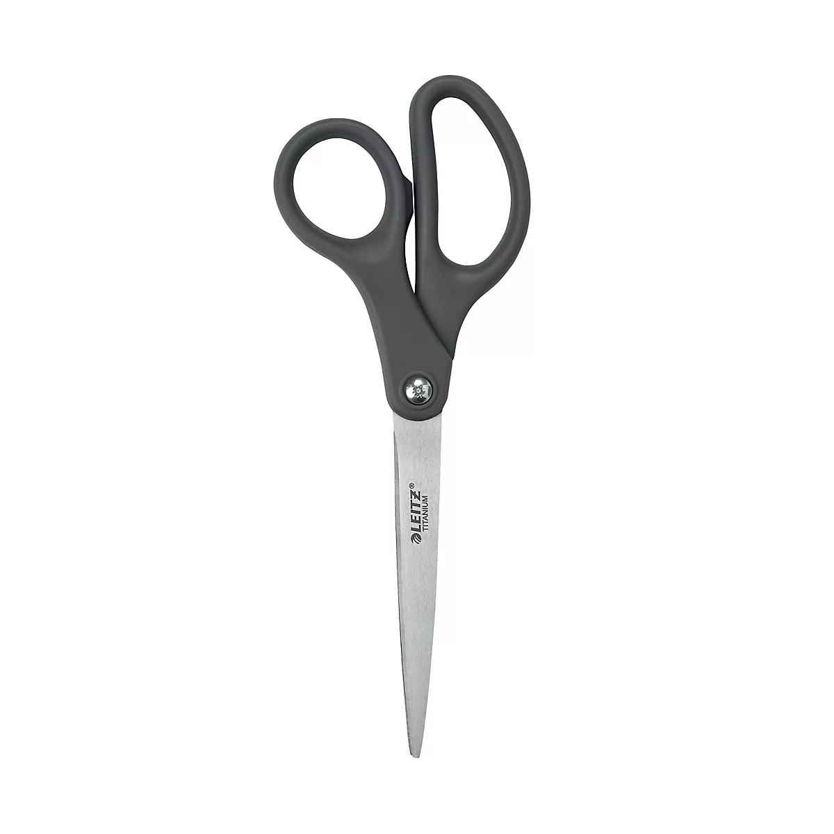 Ciseaux gris, ouverts, avec lettrage Leitz. Sur fond blanc.