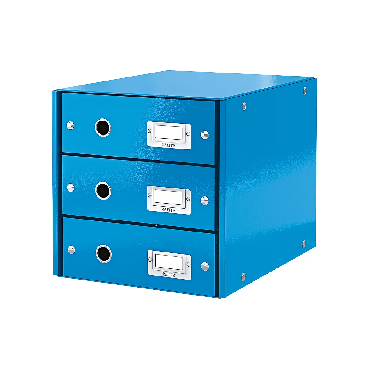 Blue drawer cabinet with three drawers, metal labels and black handles.