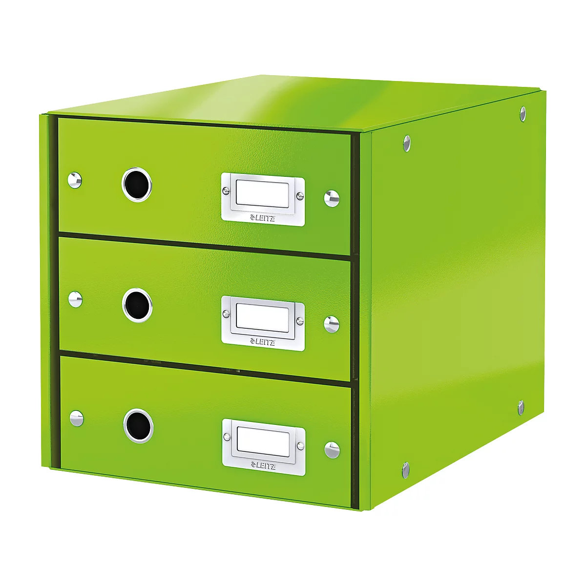 Green three-drawer box. Each compartment has a label and a round handle.
