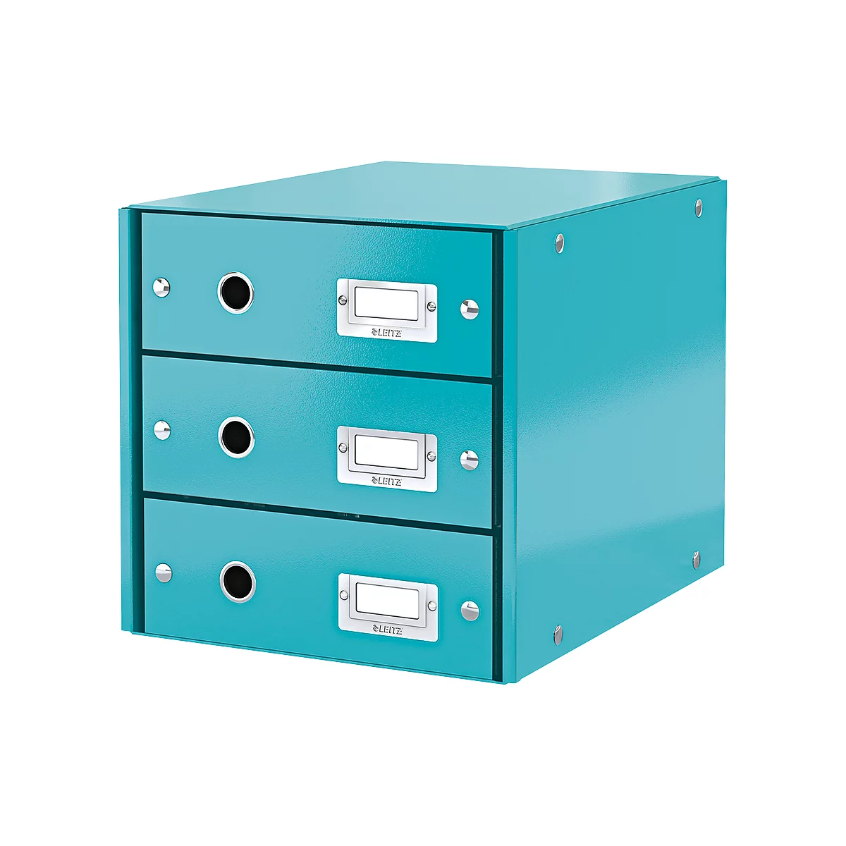 Turquoise drawer box with three compartments. Black round handles and labels.