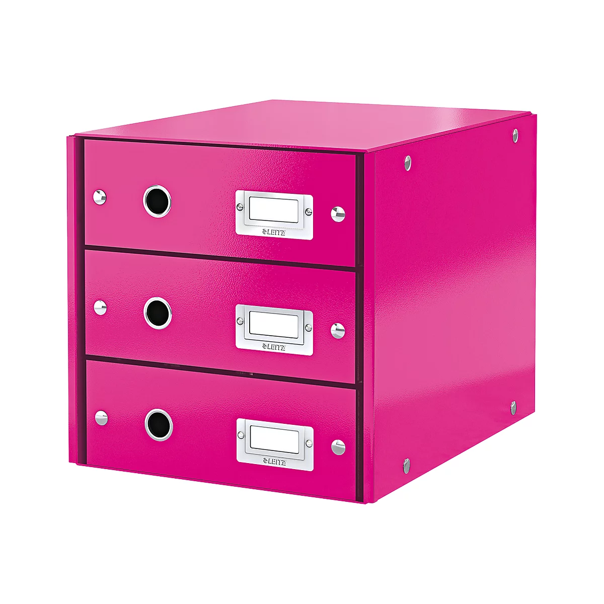 A pink desk organizer with three drawers, black knobs and label holders.
