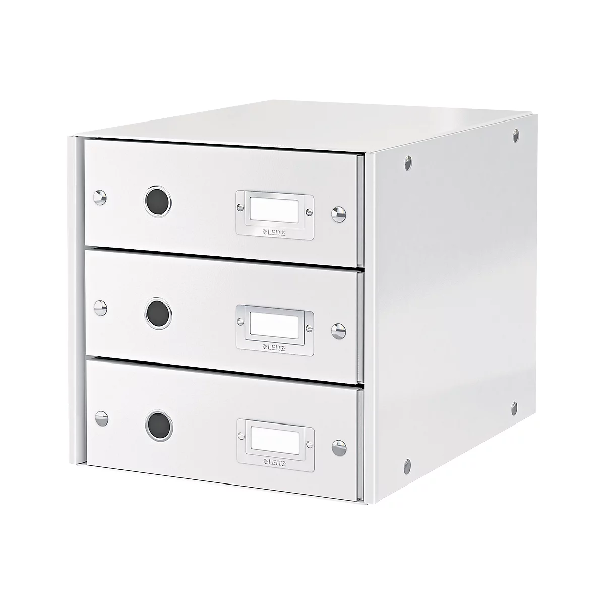 White desk organizer with three drawers, labels and knobs. Leitz logo.
