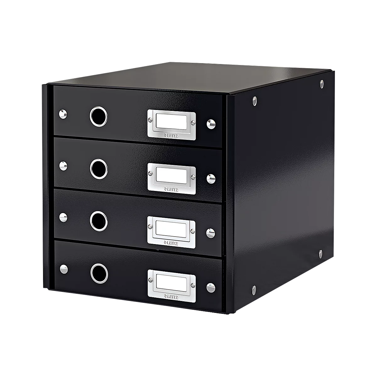 Black office drawer cabinet with four drawers, name tags and handles.