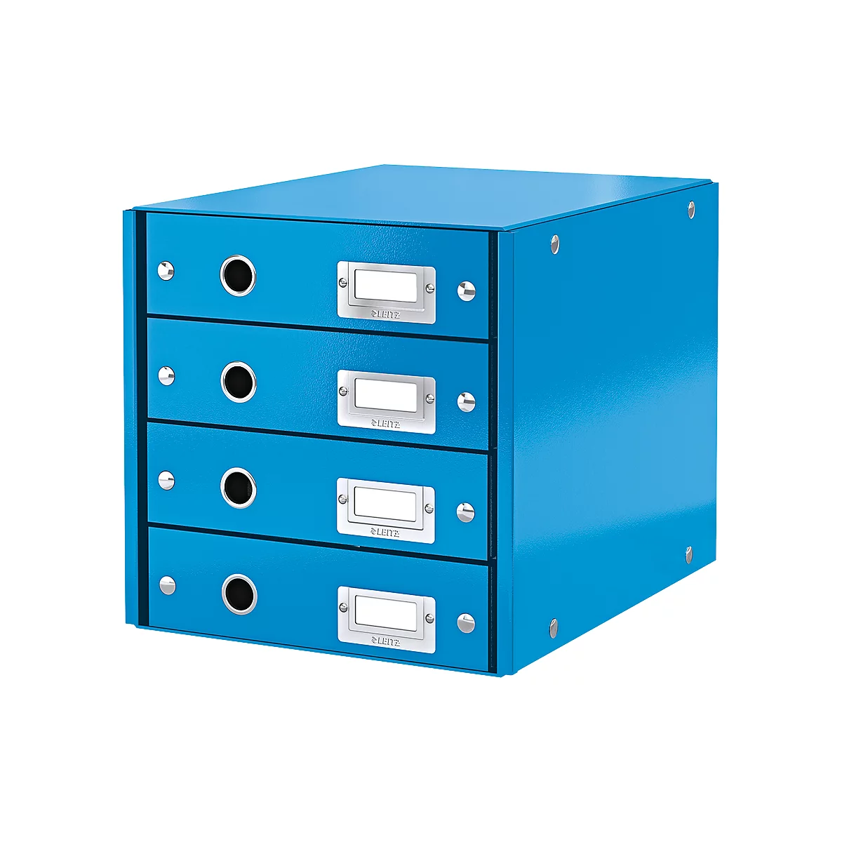 Blue office organizer with four drawers, black handles, and label holders.