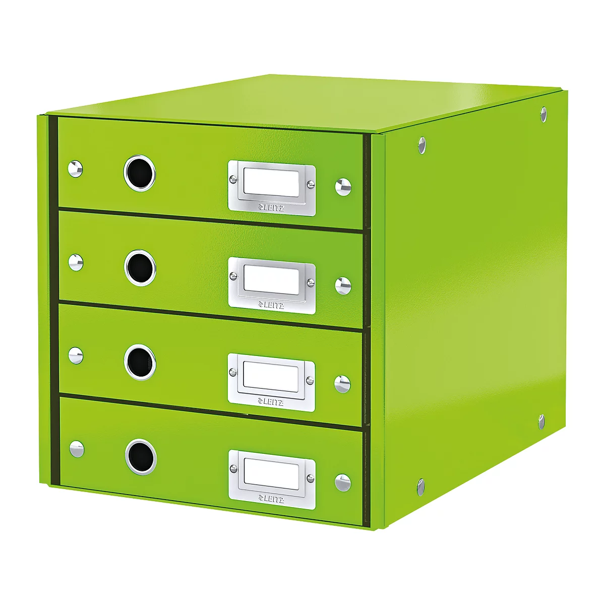 Bright green filing cabinet with four drawers. Each drawer has a handle and a nameplate. The cabinet is made of metal.