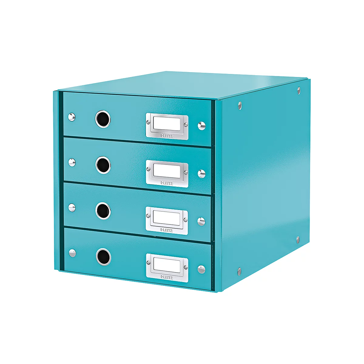 Turquoise blue drawer cabinet with four drawers. Each drawer has a hole and a name tag.