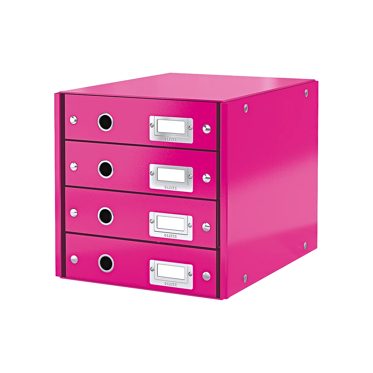A fuchsia desk organizer with four drawers. Each drawer has a round hole and a silver label with the "LEITZ" logo.