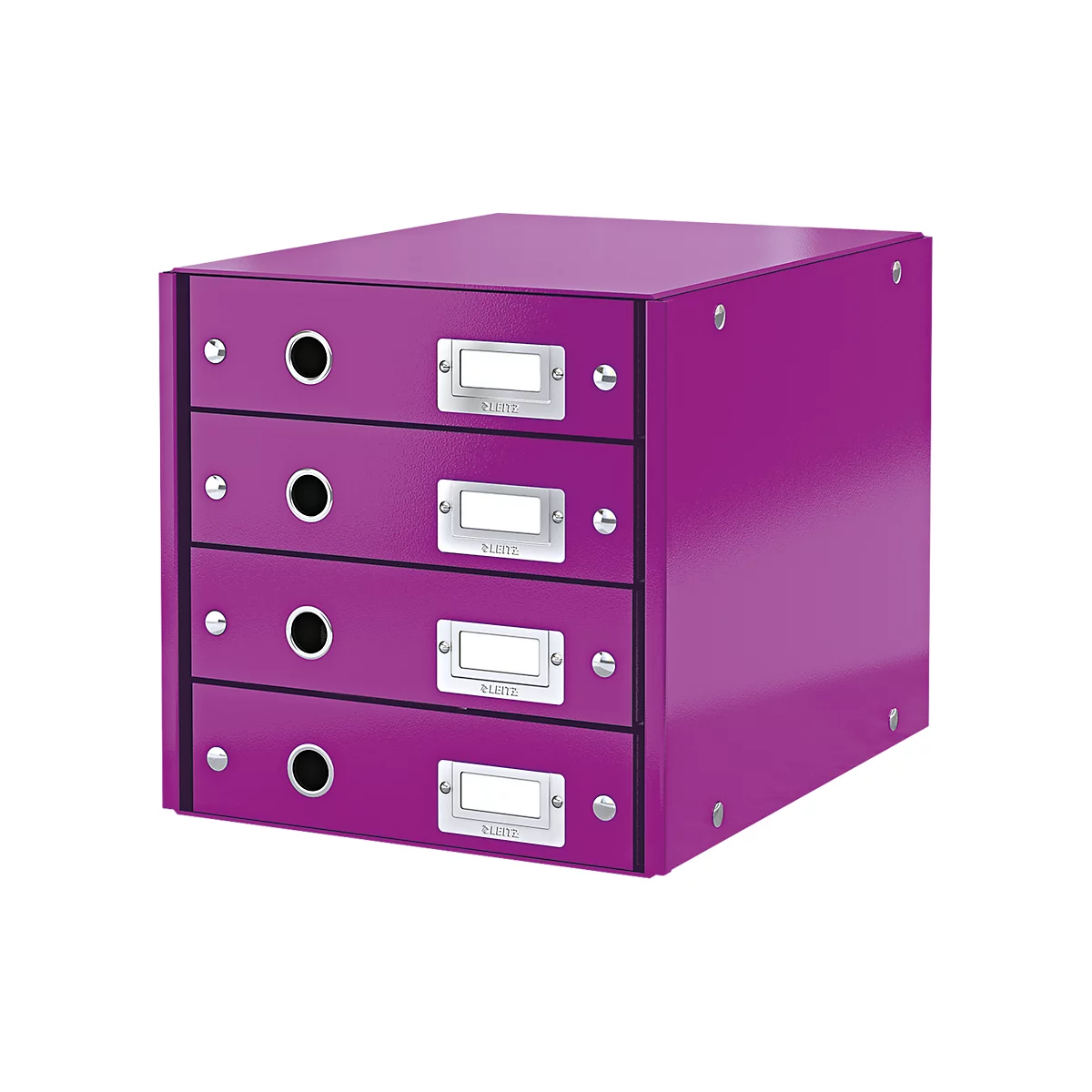 A purple office cabinet with four drawers. Each drawer has a black handle and a silver name tag.
