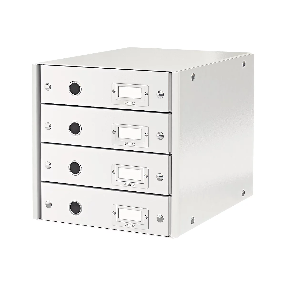 White office filing cabinet with four drawers, black handles, and label holders.