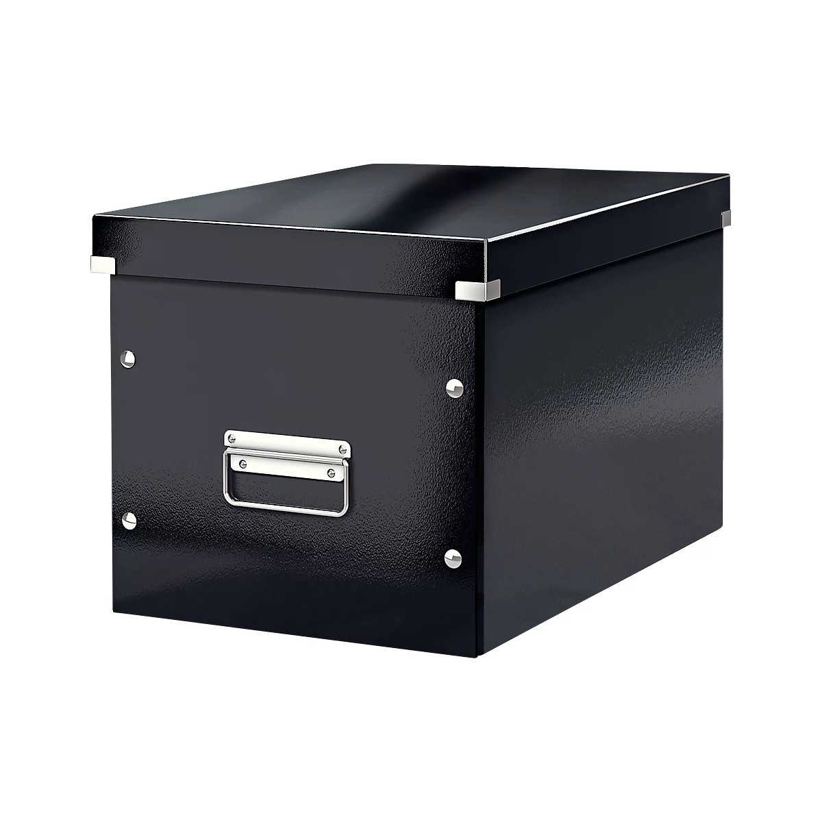 Black, square storage box with lid. Metal handle and silver corner connectors.