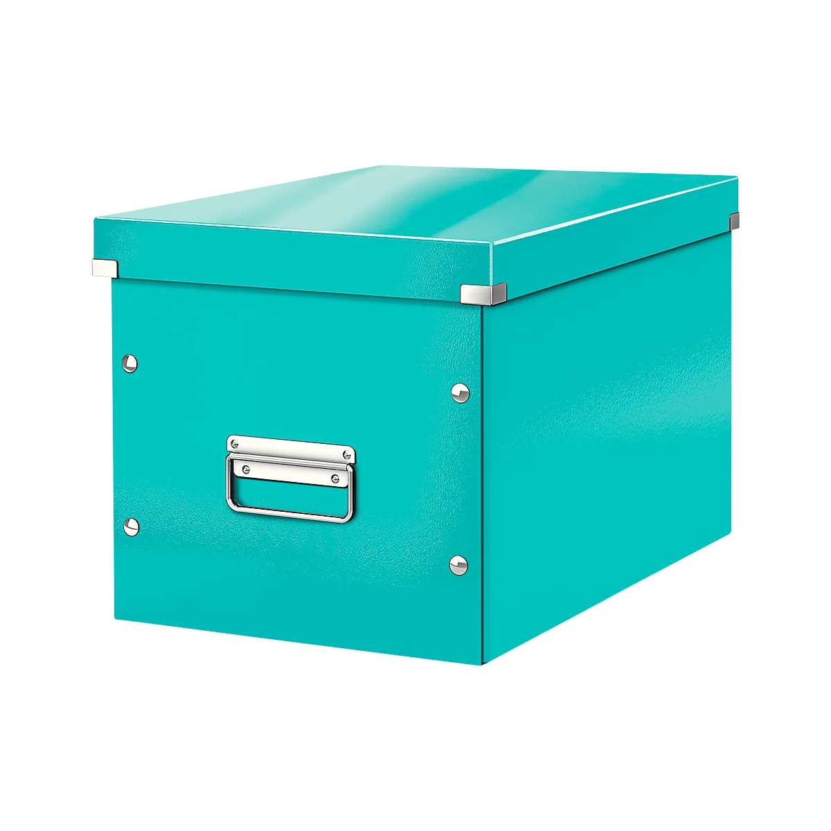 Teal storage box with lid and metal handles.