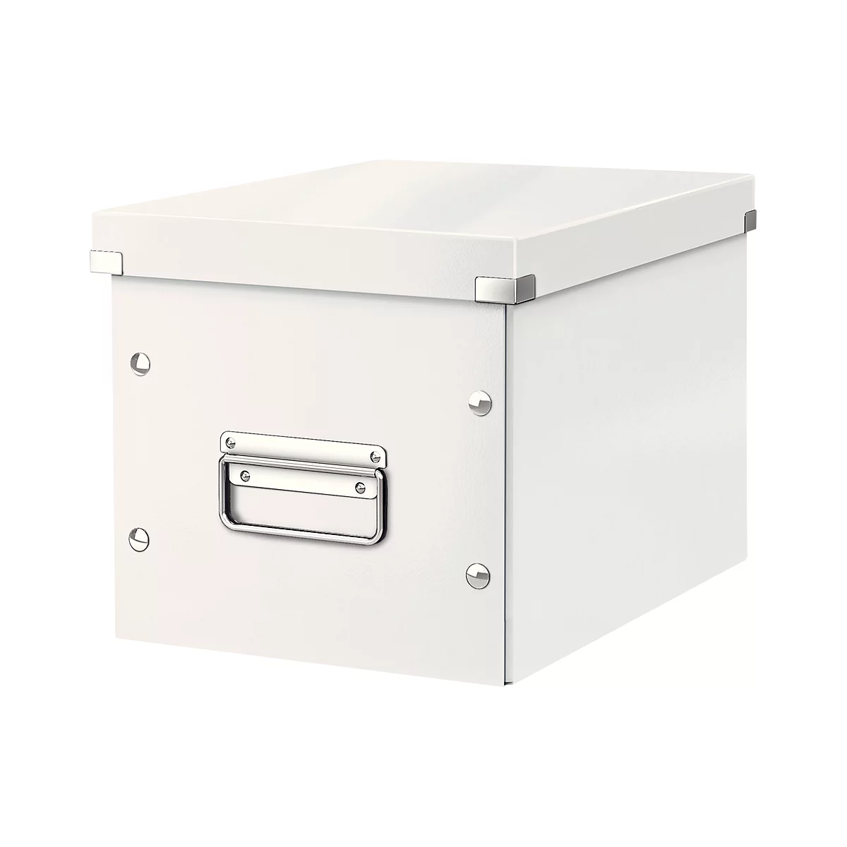 White box with lid, corner protectors and handle.
