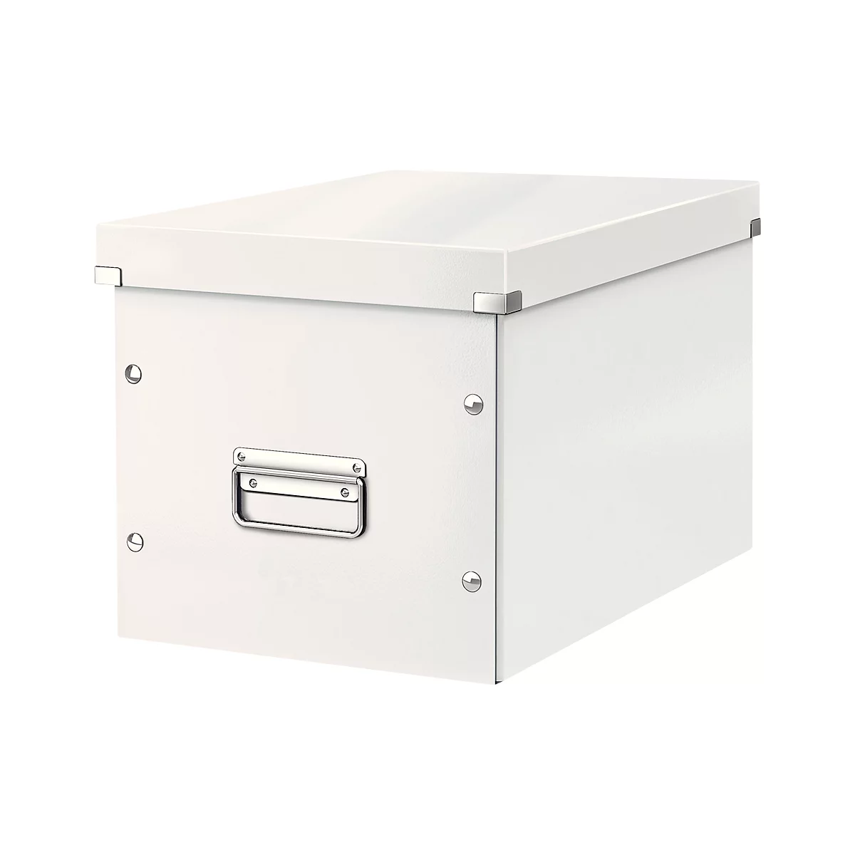 White storage box with lid and metal handle. Corner joints reinforced.