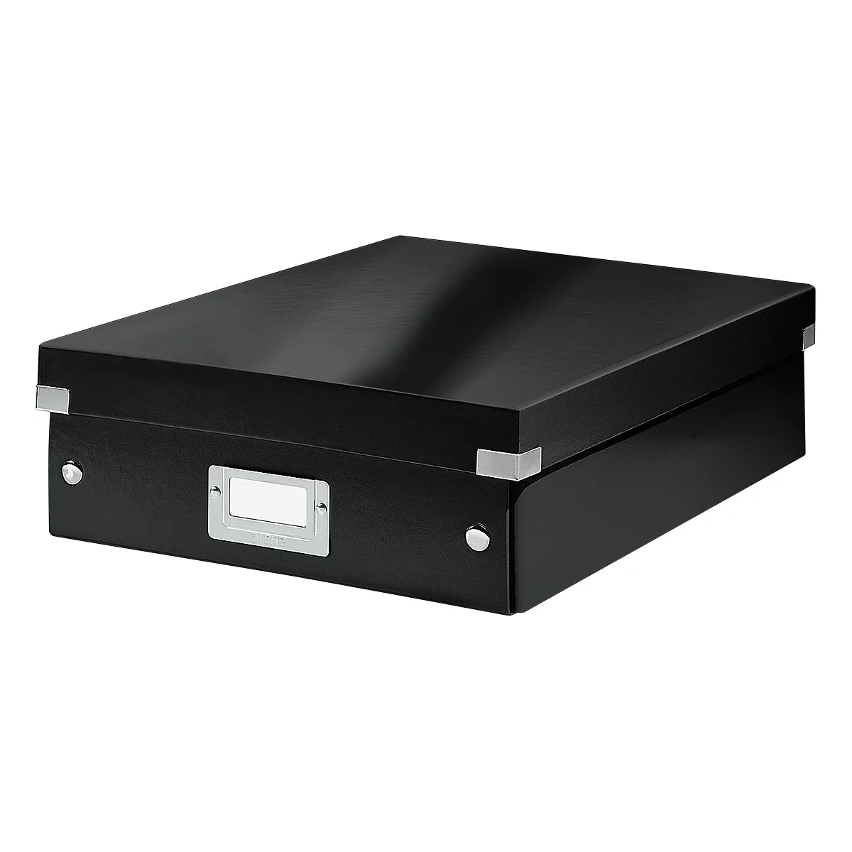 Black rectangular box with lid, corner brackets, and a silver label holder.
