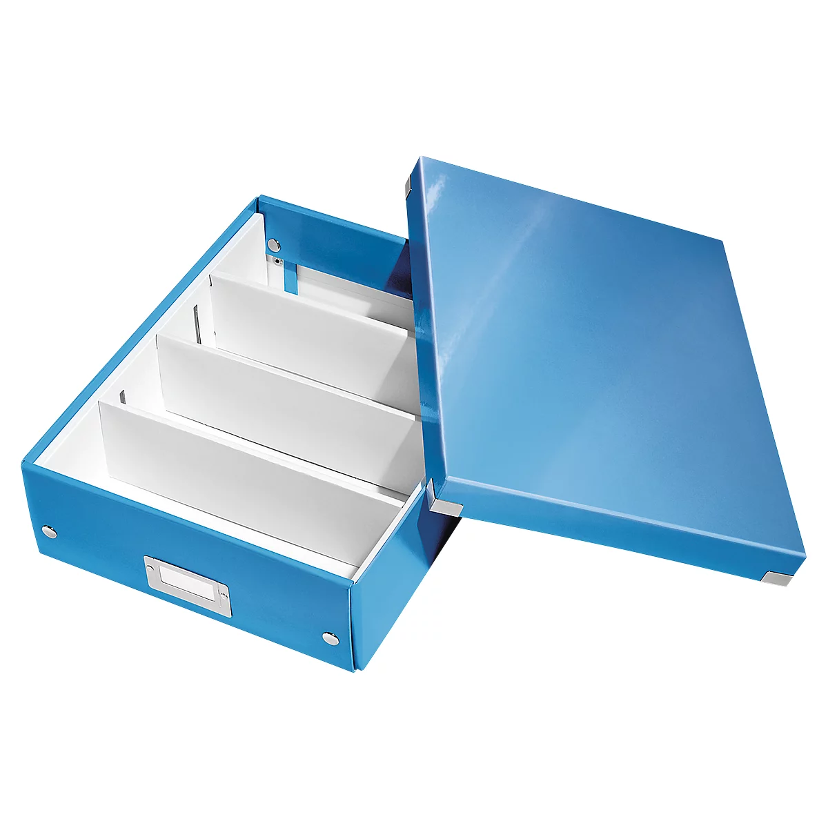 Blue archive box with lid, open view of the compartments. White dividers are inserted.