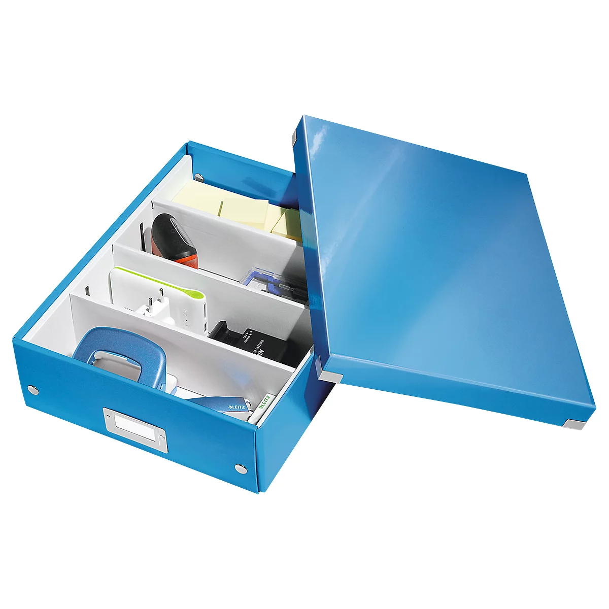 Blue storage box with compartments, half open, containing office supplies.