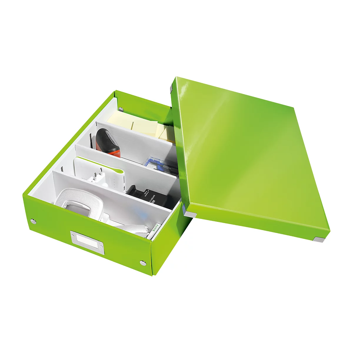 Green office box with lid and compartments. Box contains pens, sticky notes, punch, chargers.