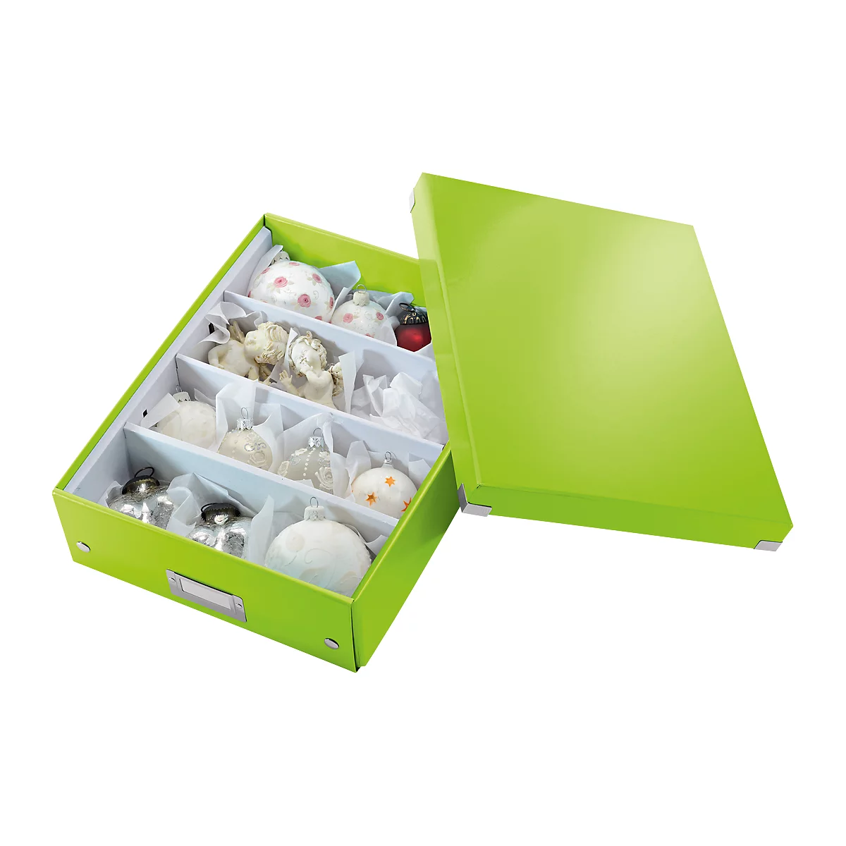 Green box with Christmas tree baubles, partially open, lid next to it.