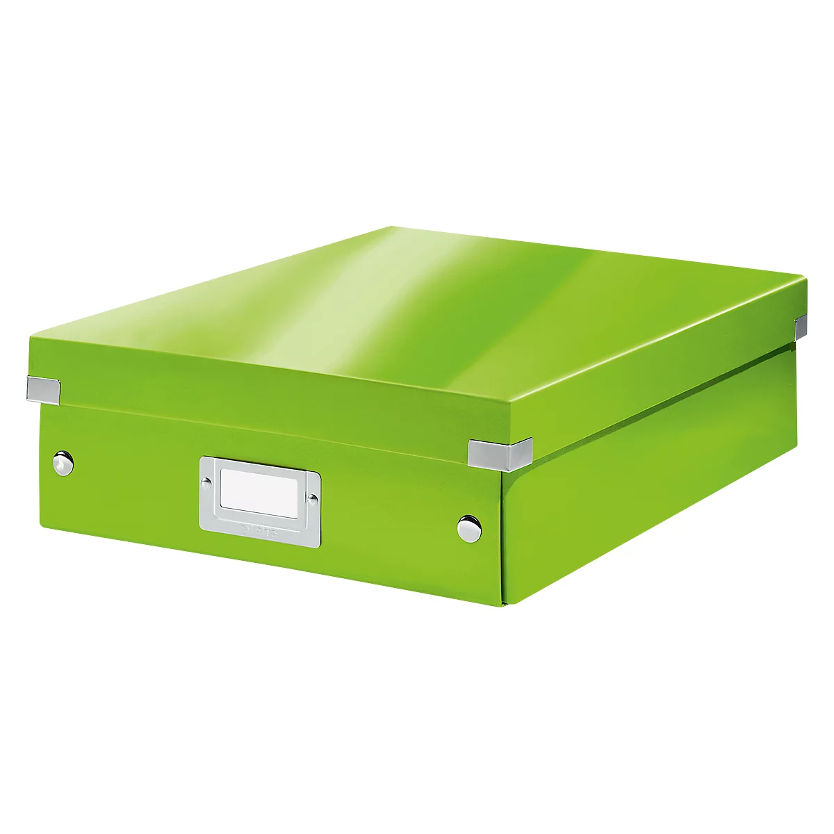 Green storage box with lid, metal fittings and label, smooth and shiny.