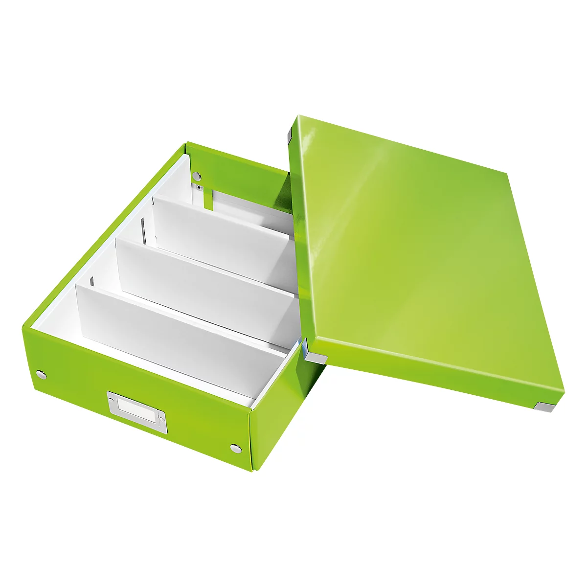 Green file box with white dividers, the lid is open.