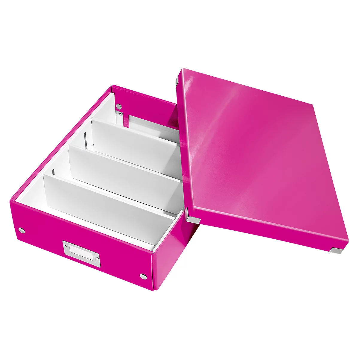 A fuchsia storage box with an open lid, white dividers inside. The lid is on the top right.
