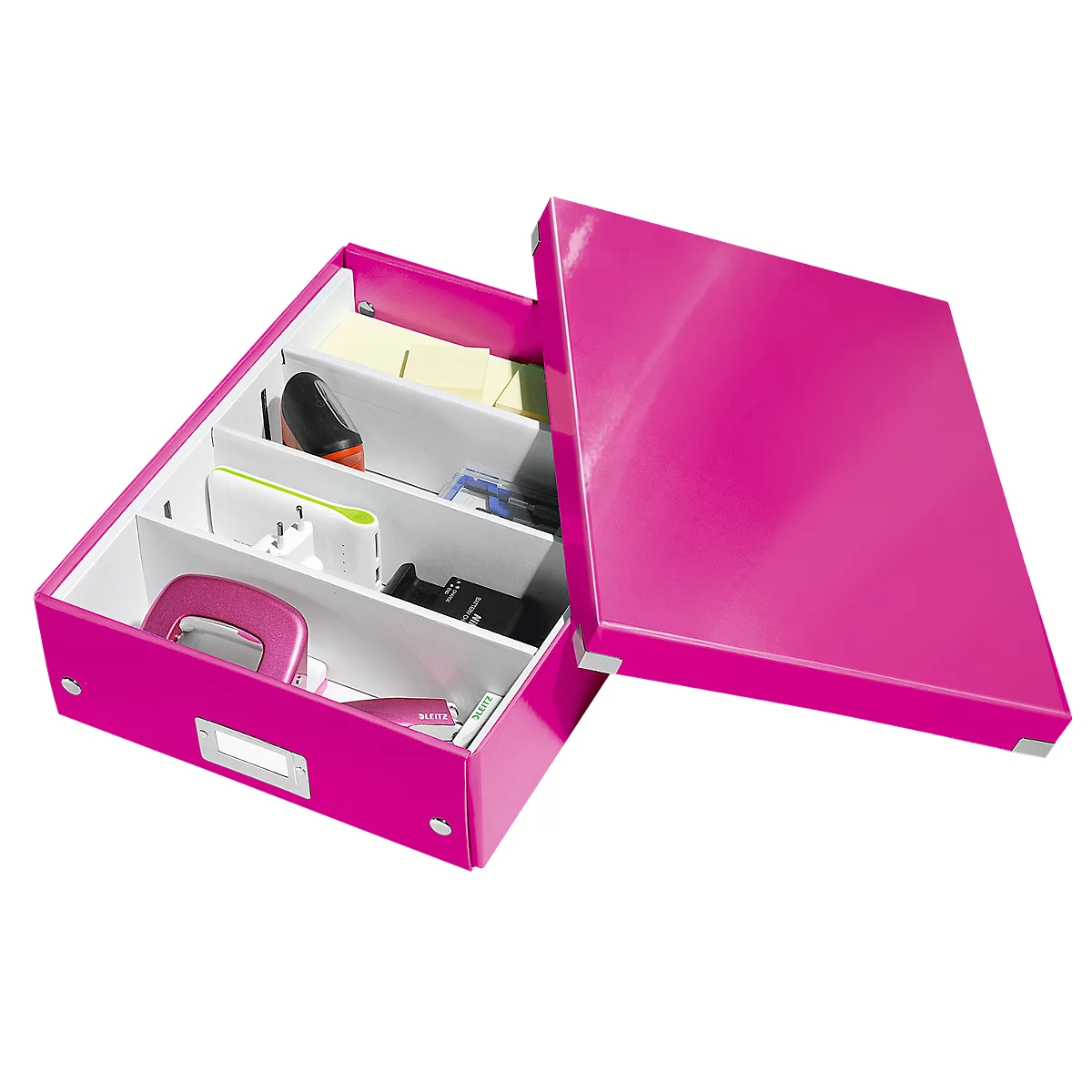 Pink storage box with an open lid, divided into compartments containing office supplies like a stapler and sticky notes.