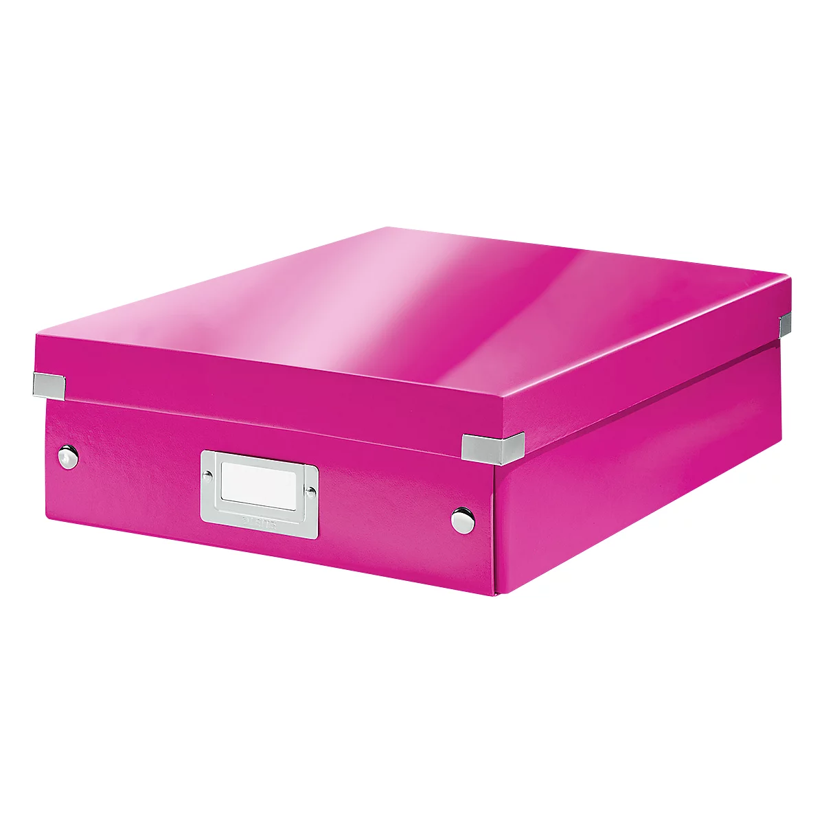 A pink storage box with a lid. On the front is a silver frame with an empty label. Corner brackets and a button are also silver.