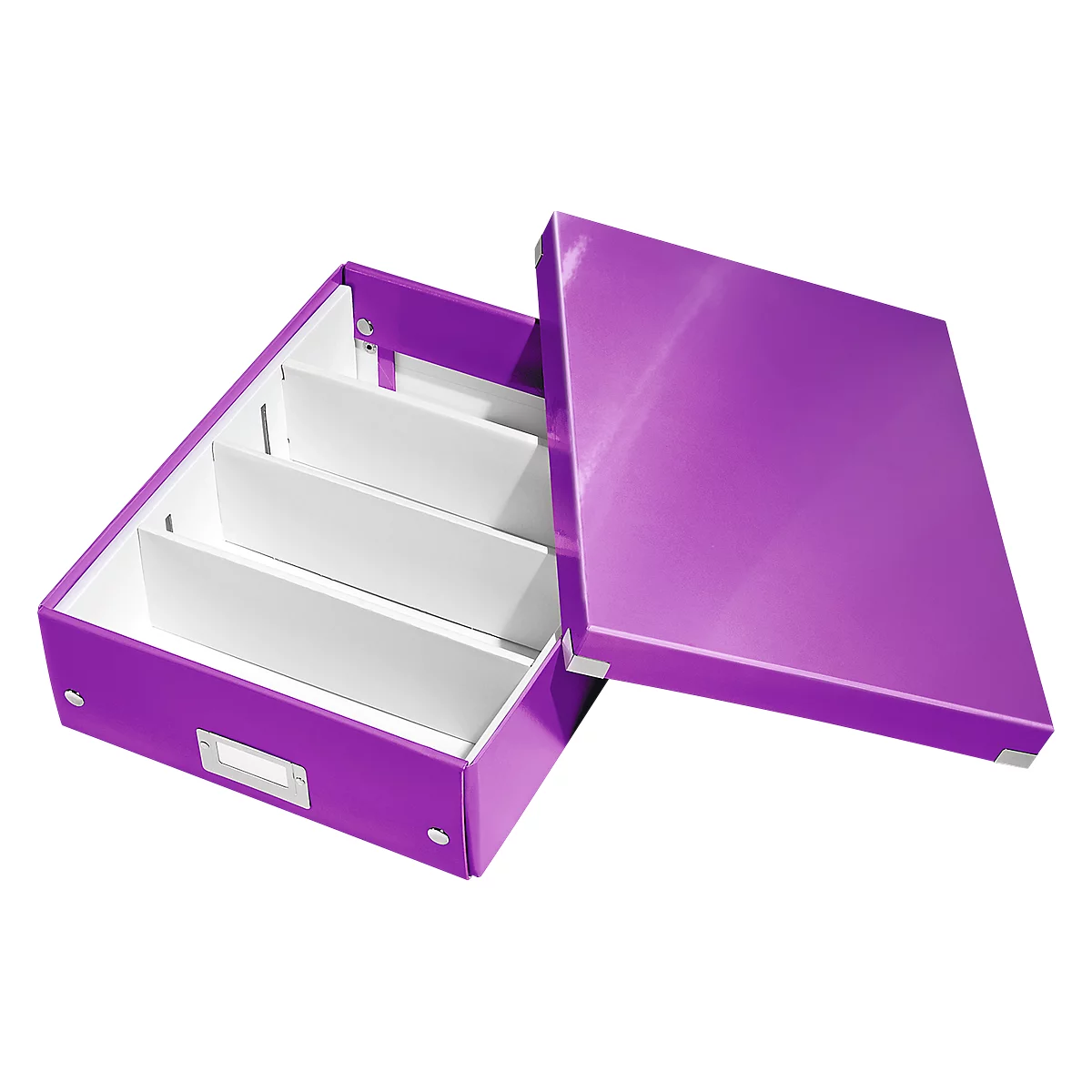 Open purple archive box with white dividers and loose lid.