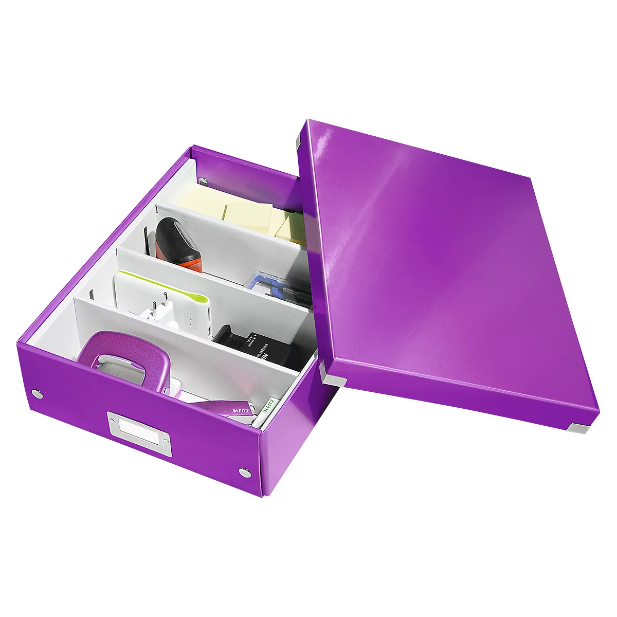 Purple storage box, open, containing various office supplies. The lid is slightly open. The inside is divided.