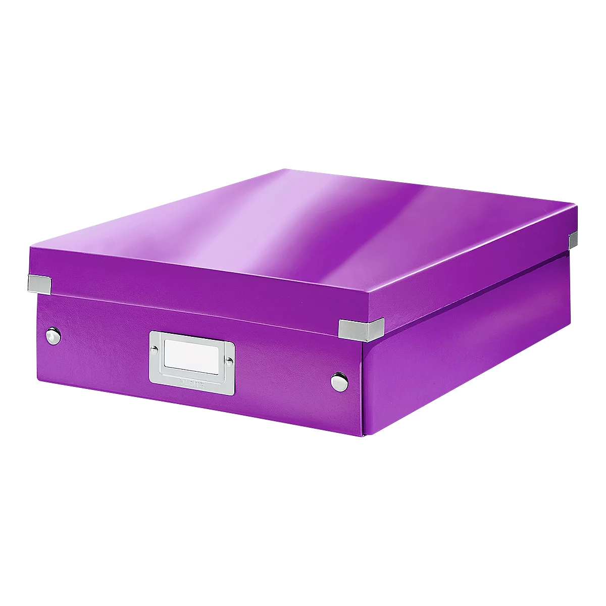 A purple storage box, square, with silver corners and a nameplate.