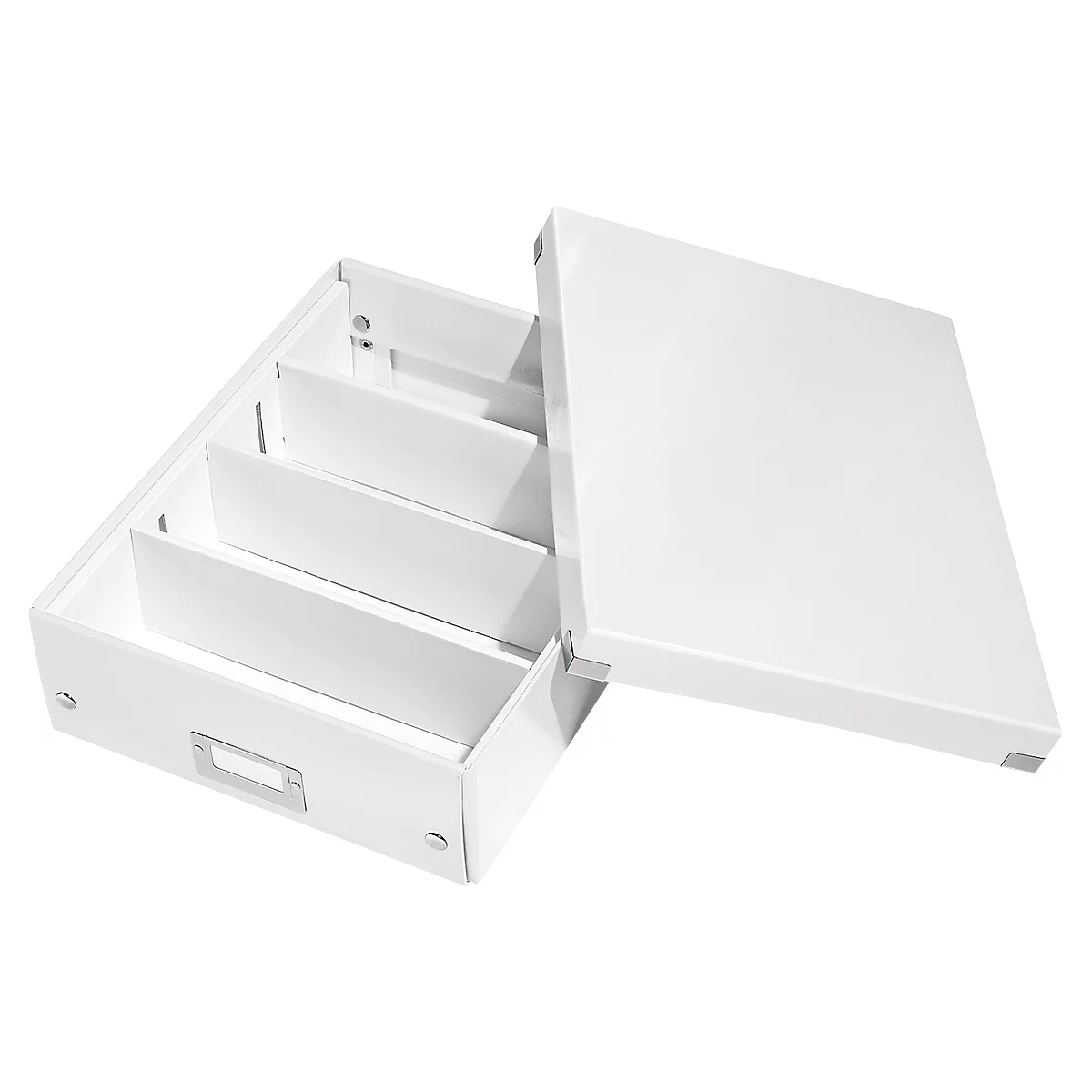 White archive box with three compartments. The lid is half open. The box has silver details and a label holder.