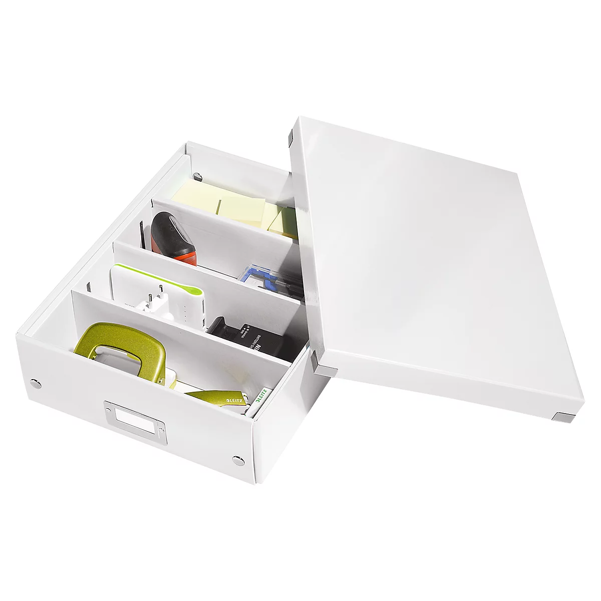 White file organizer with open compartments filled with office supplies such as hole punch and sticky notes.