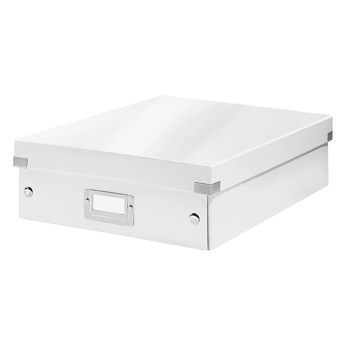 White, rectangular box with a lid. Metal fittings and a label holder.