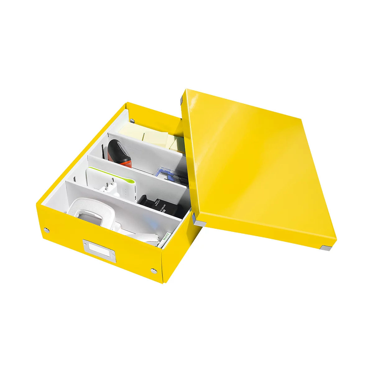 Yellow, open box with compartments, filled with office accessories, lid next to it.