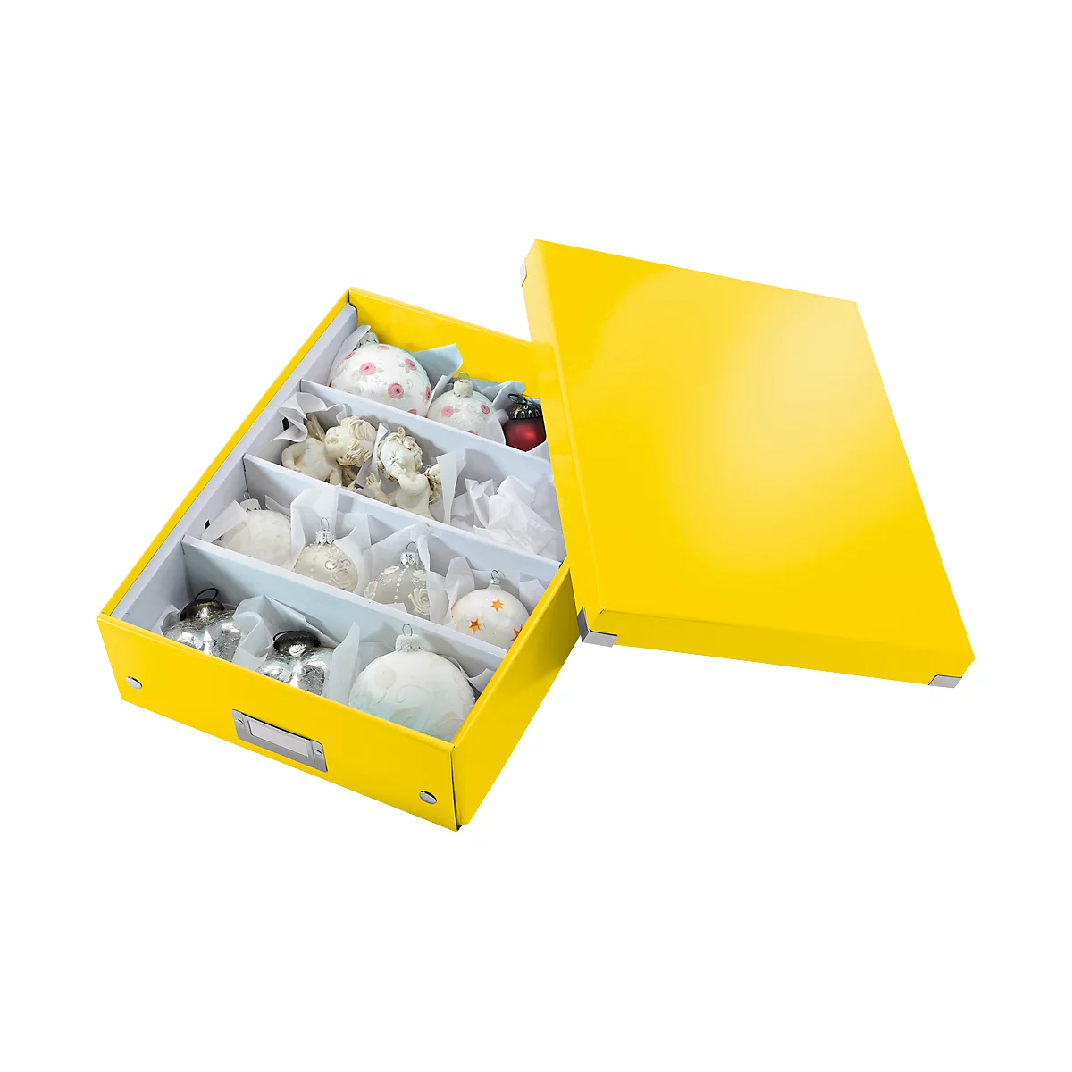 Yellow box containing Christmas ornaments, open. Ornaments of various shapes, colors and materials. The lid is next to it.