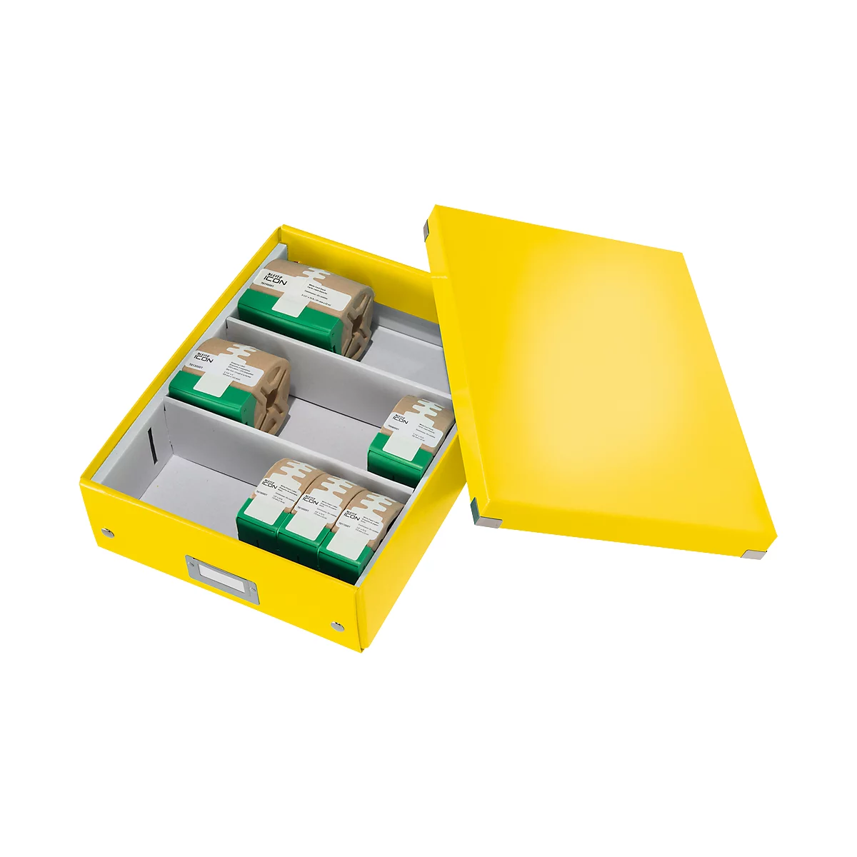 Yellow open file box, with medication in compartments. The lid is next to it.