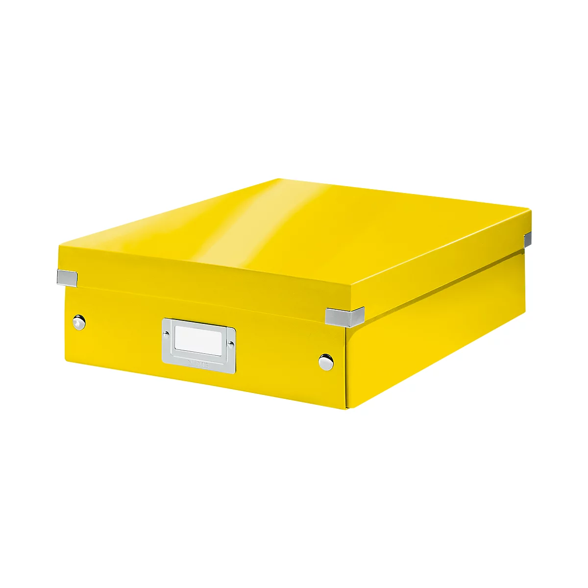 Yellow storage box with lid and silver corner connections. There is a name plate on the front.