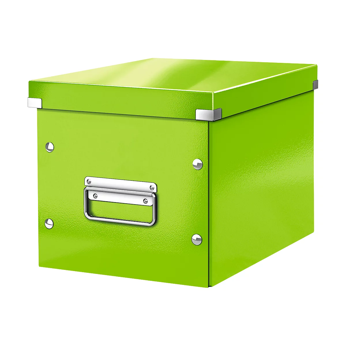 Light green storage box with lid and metal handle. The corners are reinforced with metal.